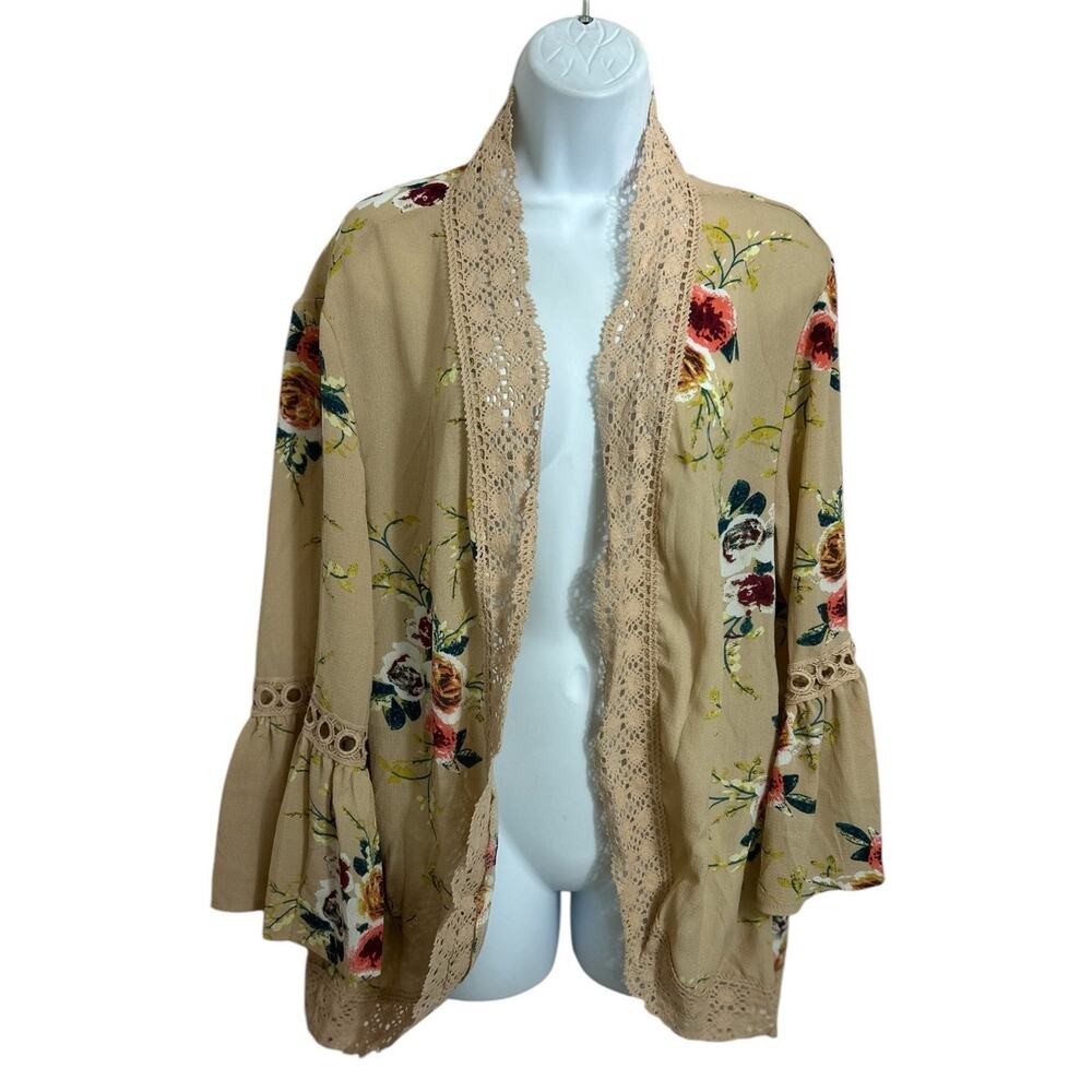 Boho Floral Open Top Size M Crochet Trim Bell Sleeves Tan Long Relaxed Fit - Picture 4 of 6